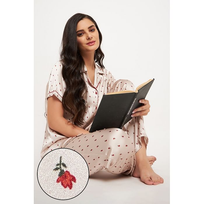 

Clovia Print Me Pretty Button Down Shirt & Pyjama Set in Nude Colour - Satin - LS0385R24