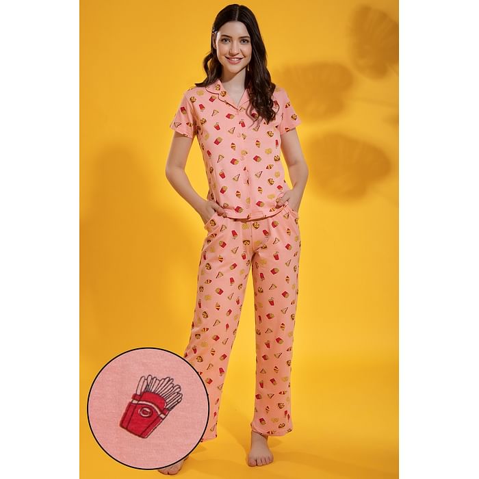 

Clovia Print Me Pretty Button Me Up Shirt & Pyjama Set in Coral Pink - 100% Cotton - LS0025U22, Light pink