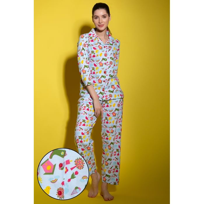 

Clovia Print Me Pretty Button Down Shirt & Pyjama Set in Sky Blue - 100% Cotton - LS0585F03, Light blue