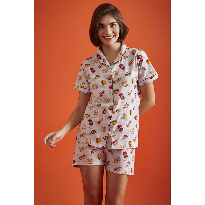 

Clovia Print Me Pretty Button Down Shirt & Shorts Set in Light Grey - 100% Cotton - LS0094D01