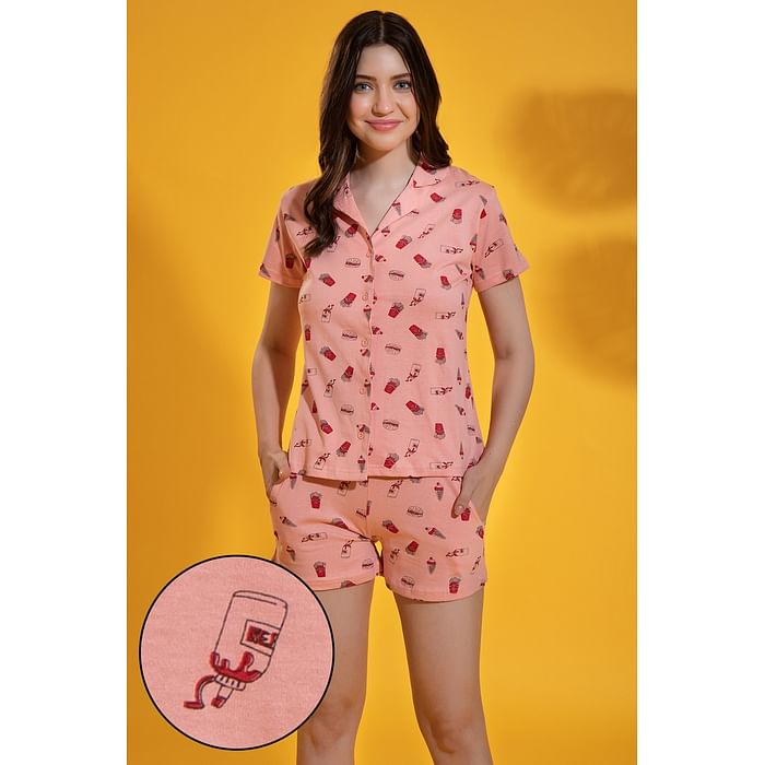 

Clovia Print Me Pretty Button Me Up Shirt & Shorts Set in Salmon Pink - 100% Cotton - LS0094H22, Light pink