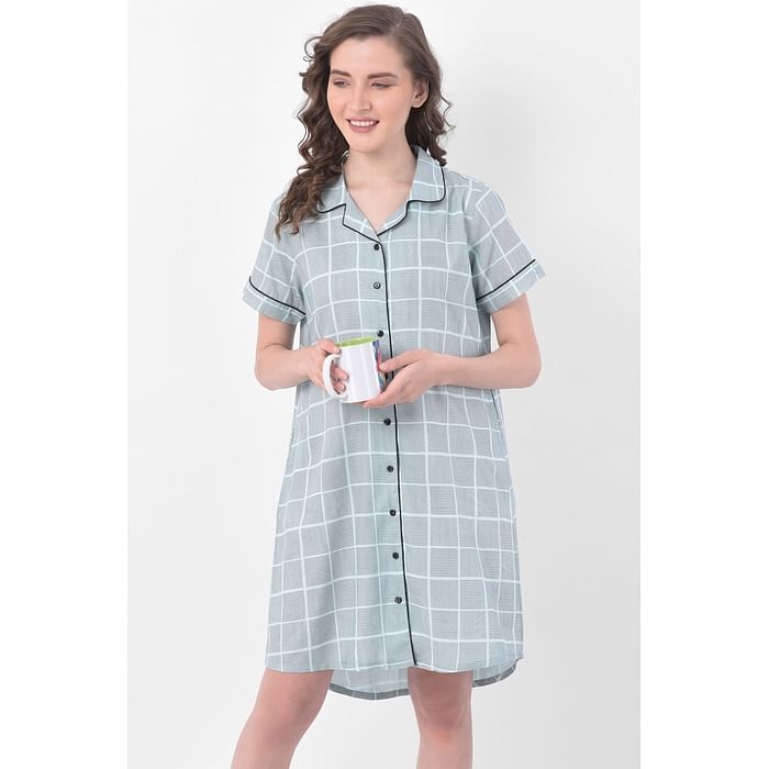 

Clovia Classic Checks Button Me Up Short Nightdress in Sage Green- Rayon - NS1244A03, Light blue