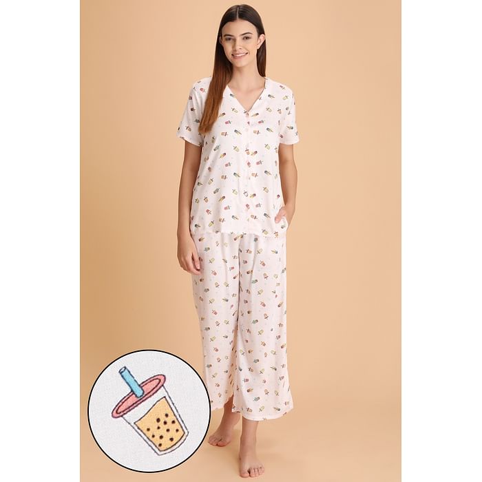 

Clovia Sipper Print Button Me Up Top & Pyjama in White - Cotton Rich - LS0538D18