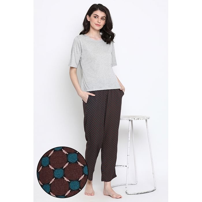 

Clovia Print Me Pretty Cami & Pyjama Set in Grey & Brown- Cotton Rich - LSC123P06