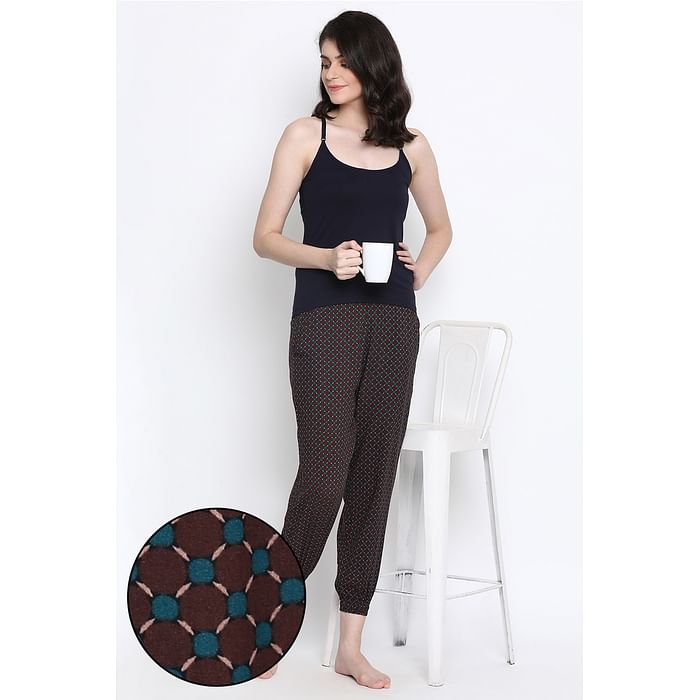 

Clovia Print Me Pretty Cami & Pyjama Set in Navy & Brown- Cotton Rich - LCS016E08