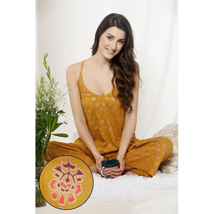 

Clovia Pretty Florals Cami Top & Flared Pyjama Set in Mustard Yellow - Rayon - LS0513P07