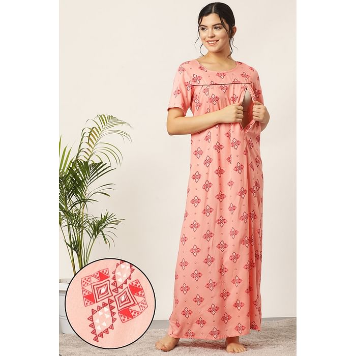 

Clovia Feeding Print Me Pretty Long Night Dress in Coral Orange - Rayon - NS1111P34, Teal