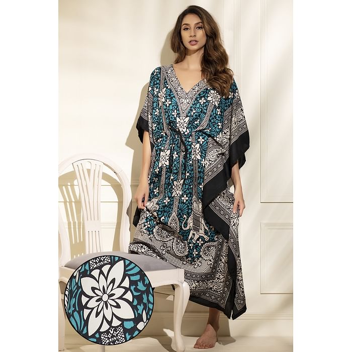 

Clovia Print Me Pretty Long Kaftan in Mint Green - Crepe - NS0865P17, Dark green