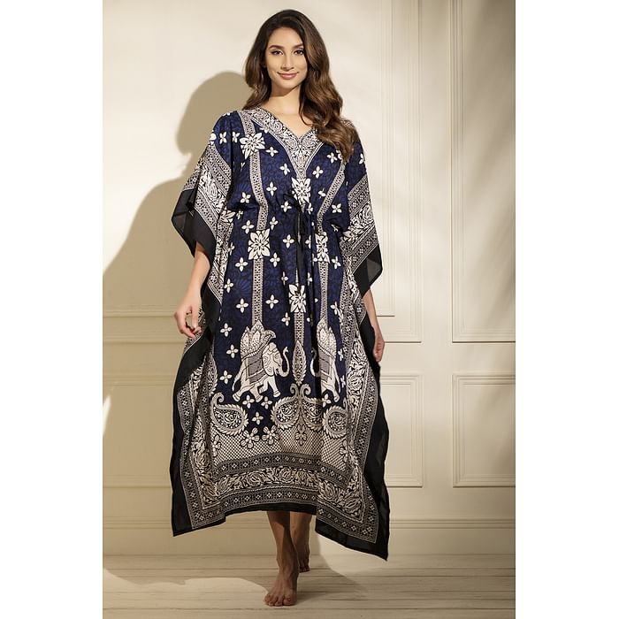 

Clovia Print Me Pretty Long Kaftan in Navy - Crepe - NS0865G08