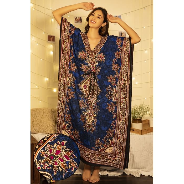 

Clovia Print Me Pretty Long Kaftan in Royal Blue - Crepe - NS0865D08, Navy
