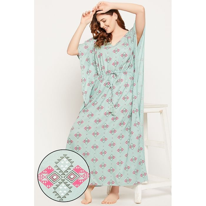 

Clovia Print Me Pretty Long Kaftan in Seafoam Green - Rayon - NS0865A11, Light green