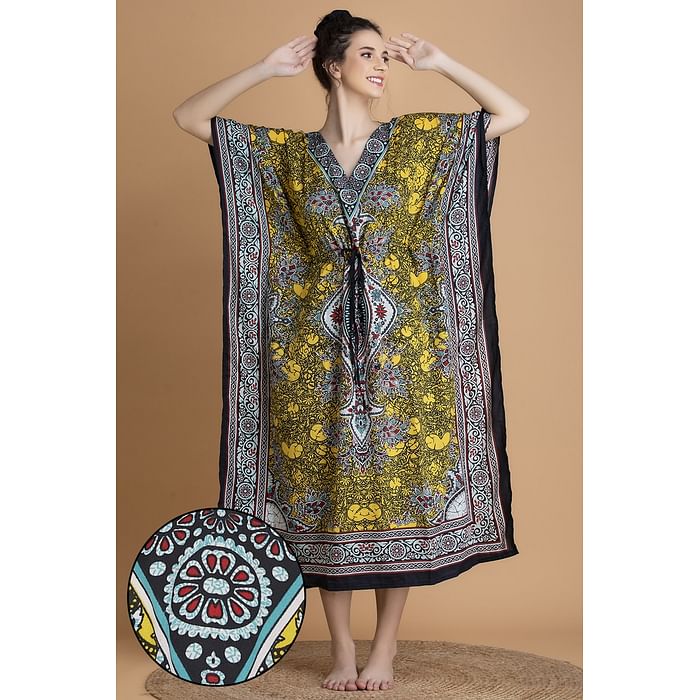 

Clovia Print Me Pretty Long Kaftan in Yellow - Cotton Rich - NS0865P07, Mustard
