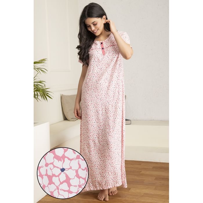 

Clovia Pretty Florals Long Nighty in Baby Pink - Rayon - NS1162P22, Light pink