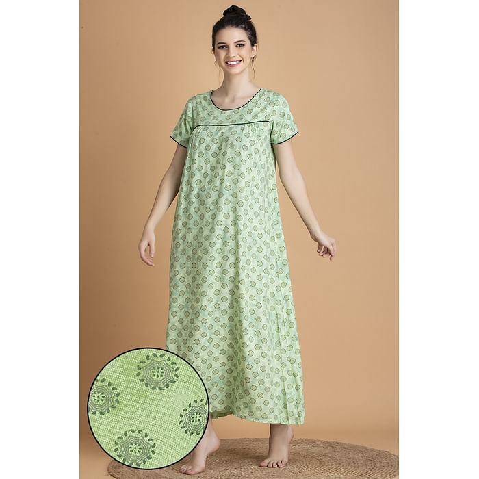 

Clovia Print Me Pretty Long Nighty in Green - Rayon - NS1211P17, Dark green