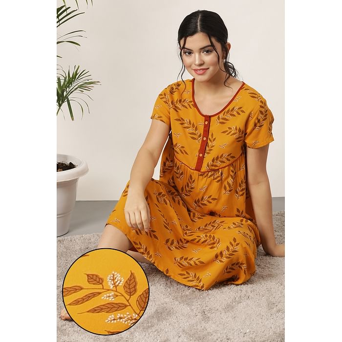 

Clovia Print Me Pretty Long Nighty in Yellow- Rayon - NS1119P07, Mustard