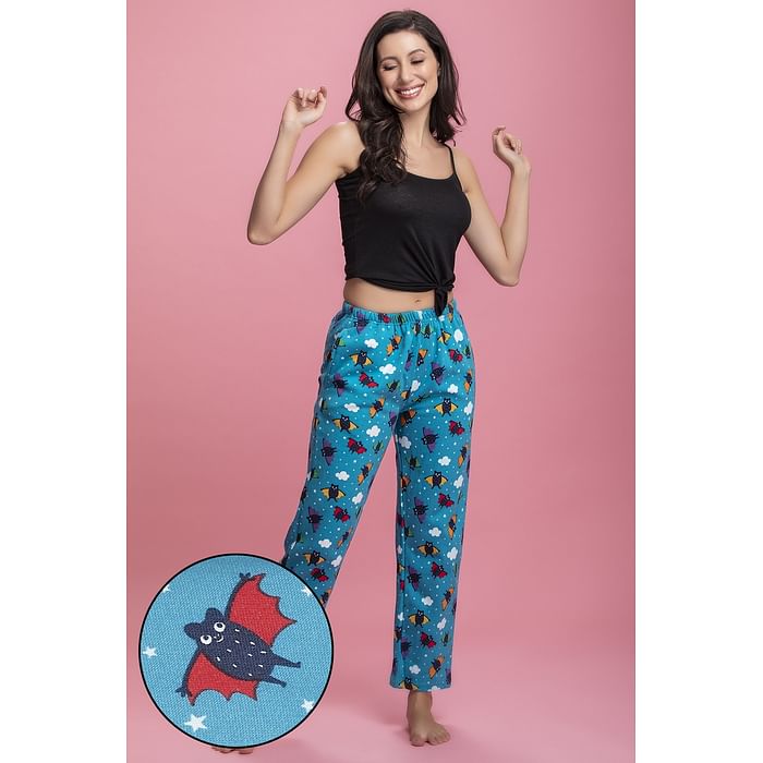 

Clovia Bat Print Pyjama in Light Blue - Fleece - LB0139P03