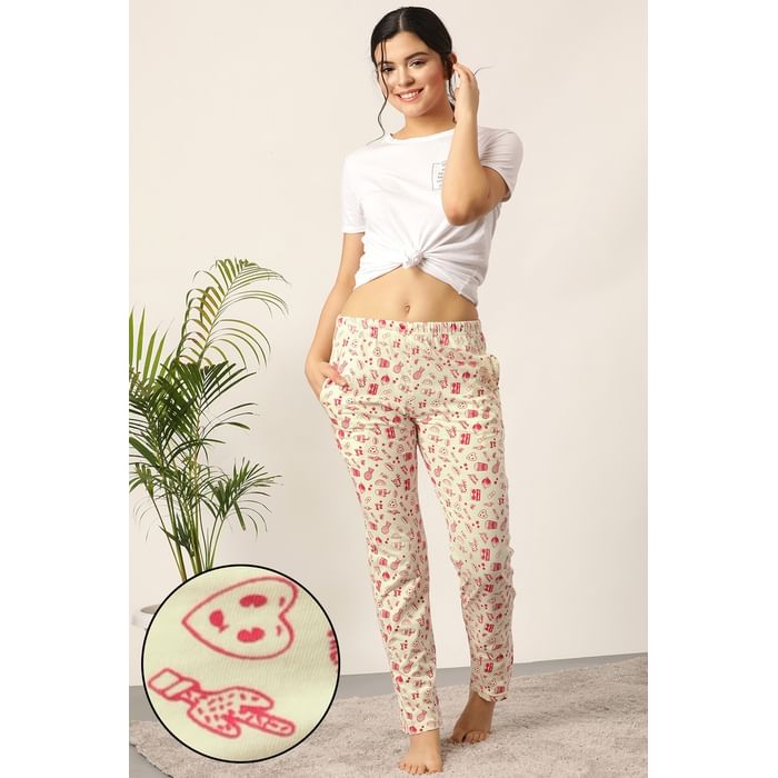 

Clovia Print Me Pretty Pyjama in White & Pink- Cotton Rich - LB0176E02, Light yellow