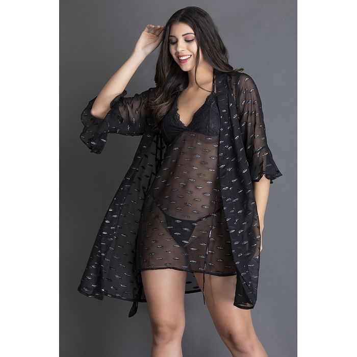 

Clovia Print Me Pretty Sheer Babydoll with Matching G-string & Robe Set in Black - Georgette & Lace - NSC371P13