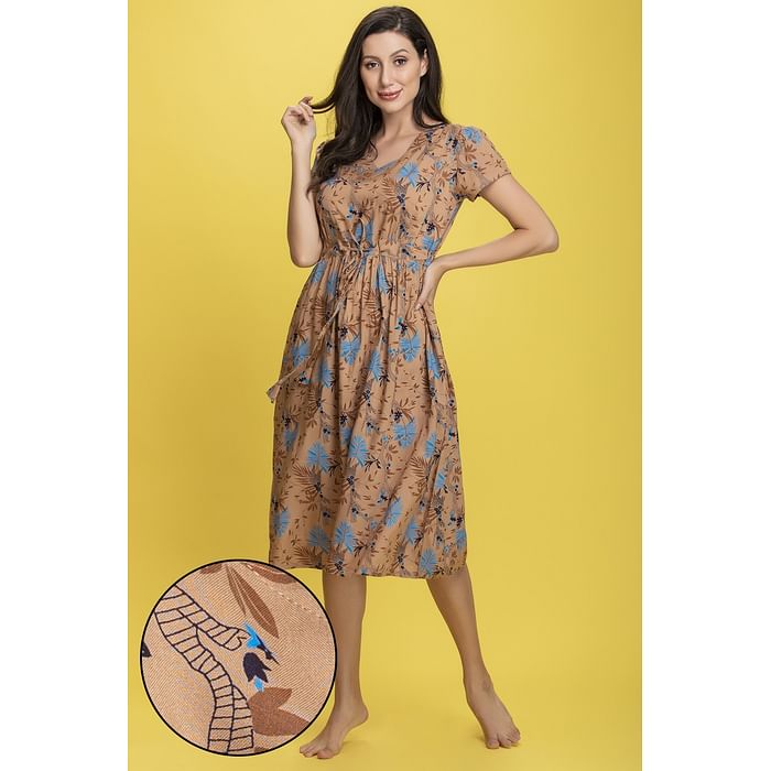 

Clovia Leaf Print Mid-Length Nightdress in Beige - Rayon - NS1341P34, Teal
