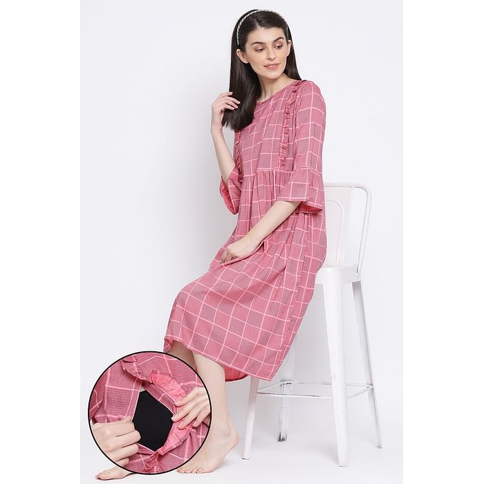 

Clovia Feeding Classic Checks Mid Length Night Dress in Pink - Rayon - NS1352P14