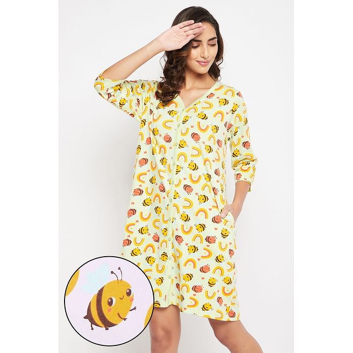 

Clovia Bee Print Button Down Short Night Dress in Mint Green - 100% Cotton - NS1487A11, Light green