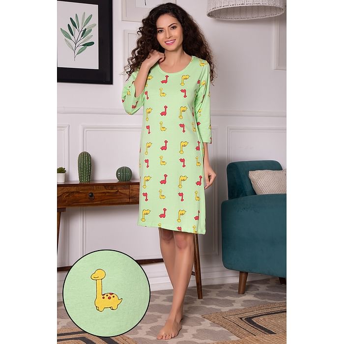 

Clovia Dinosaur Print Short Night Dress in Mint Green - 100% Cotton - NS1489P11, Light green