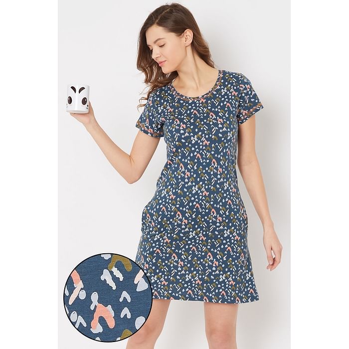 

Clovia Print Me Pretty Short Night Dress in Navy - Cotton Rich - NS1366A08