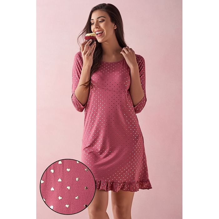 

Clovia Heart Print Short Night Dress in Pink - Cotton Rich - NS1365P22, Light pink