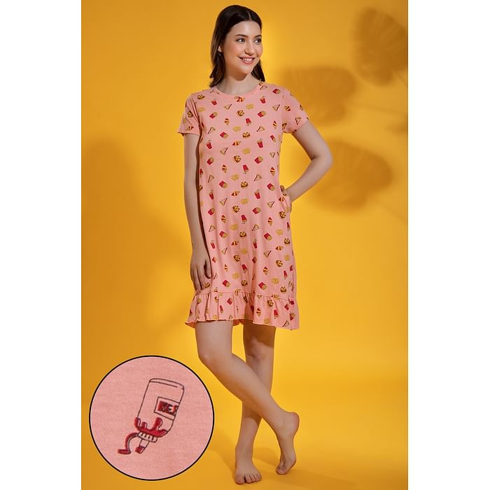 

Clovia Print Me Pretty Short Night Dress in Salmon Pink - 100% Cotton - NS1416D22, Light pink