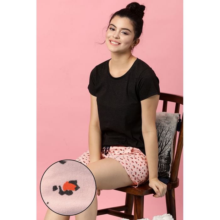 

Clovia Print Me Pretty Top & Boxer Shorts in Black & Peach - Cotton Rich - LSC174P34