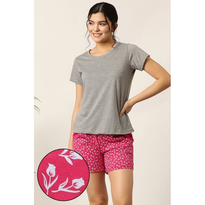 

Clovia Print Me Pretty Top & Boxer Shorts in Grey & Dark Pink- Cotton Rich - LSC174E14