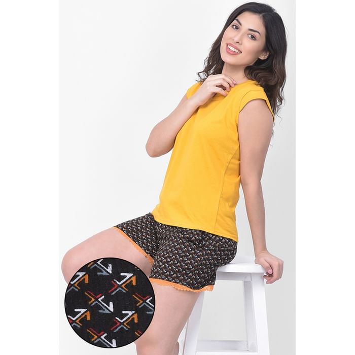 

Clovia Print Me Pretty Top & Boxer Shorts in Mustard & Black- Cotton Rich - LSC184E13