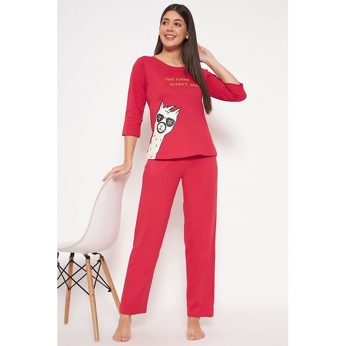 

Clovia Print Me Pretty Top & Chic Basic Pyjama Set in Red - 100% Cotton - LS0664P04
