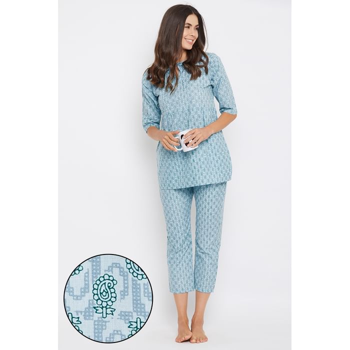 

Clovia Print Me Pretty Top & Cropped Pyjama in Light Blue - 100% Cotton - LS0525P17, Dark green
