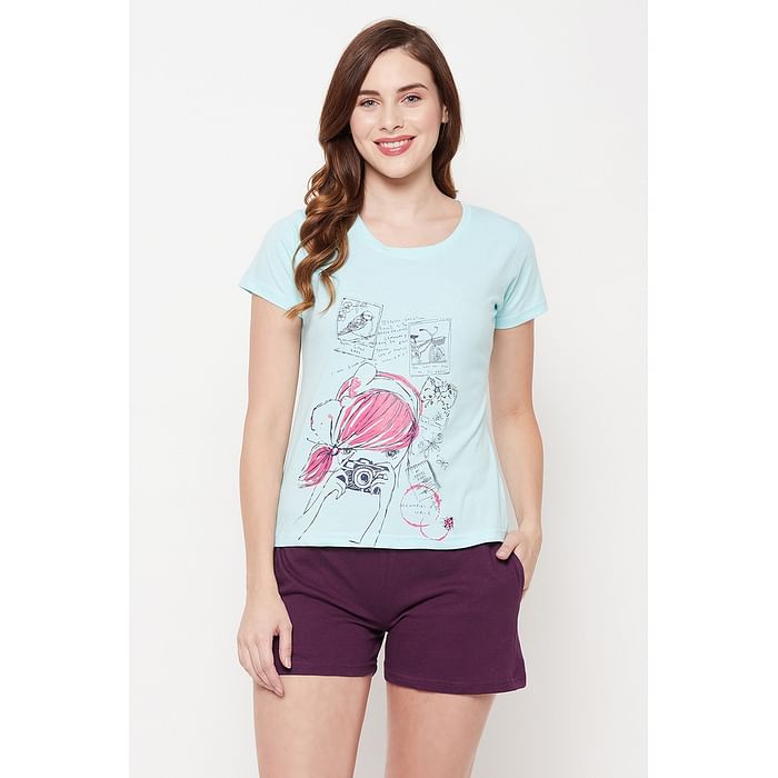 

Clovia Print Me Pretty Top in Light Blue & Chic Basic Boxer Shorts in Purple - 100% Cotton - LSC001A03