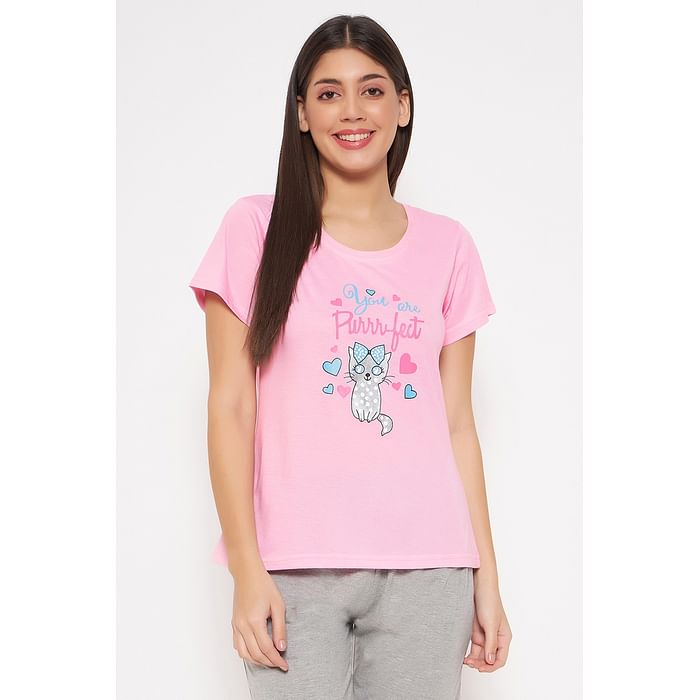 

Clovia Print Me Pretty Top in Light Pink - 100% Cotton - LT0124H22