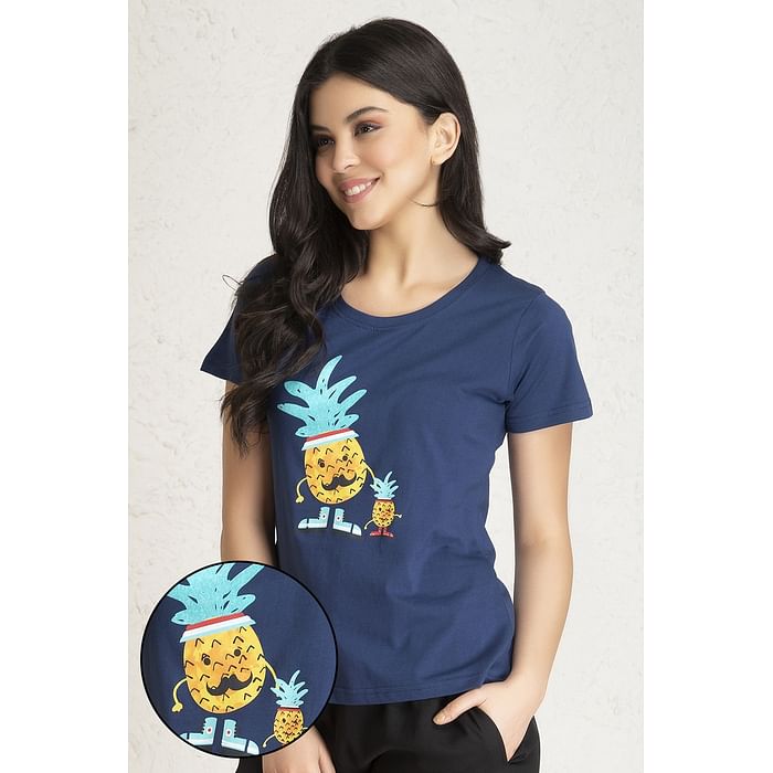 

Clovia Print Me Pretty Top in Navy- Cotton Rich - LT0124H08