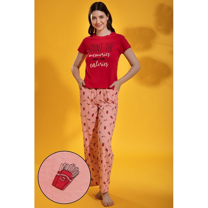 

Clovia Print Me Pretty Top in Red & Pyjama in Salmon Pink - 100% Cotton - LS0413A04