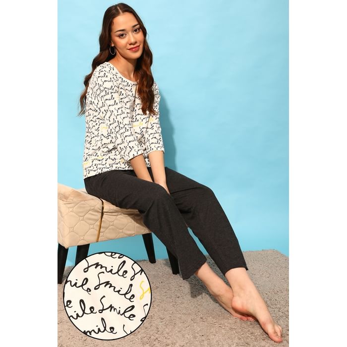 

Clovia Print Me Pretty Top in White & Chic Basic Pyjama Set in Dark Grey - 100% Cotton - LS0548P18