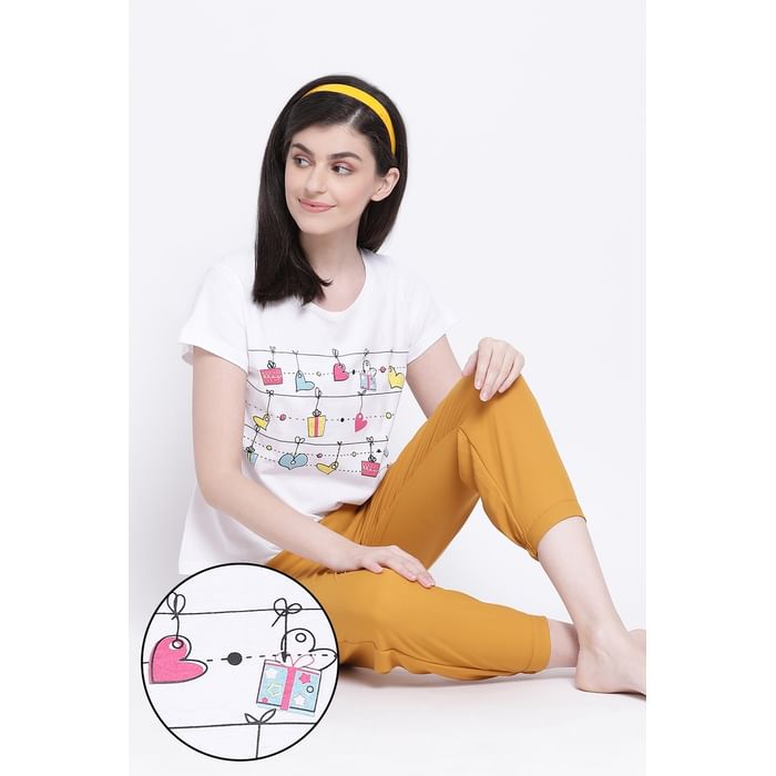 

Clovia Print Me Pretty Top & Jogger Style Pants in White & Mustard - Cotton Rich - LSC187P07