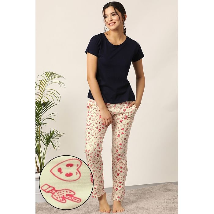 

Clovia Print Me Pretty Top & Pyjama in Dark Blue & Light Pink- Cotton Rich - LSC176E02, Light yellow