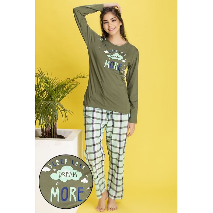 

Clovia Text Print Top & Checked Pyjama in Green - Cotton Rich - LS0544P17, Dark green