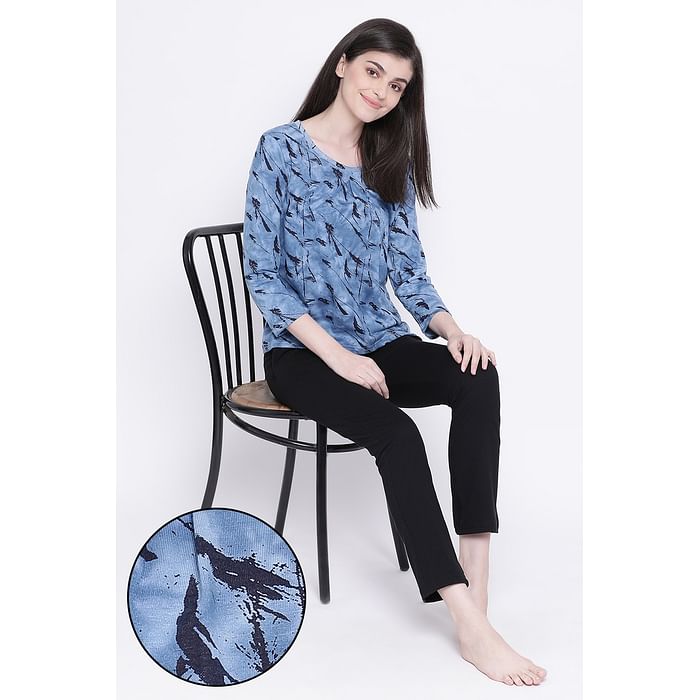 

Clovia Print Me Pretty Top & Pyjama in Light Blue & Black - Cotton Rich - LSC133A03