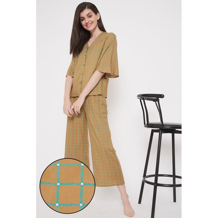 

Clovia Classy Checks Top & Pyjama in Light Brown - Rayon - LS0538P06
