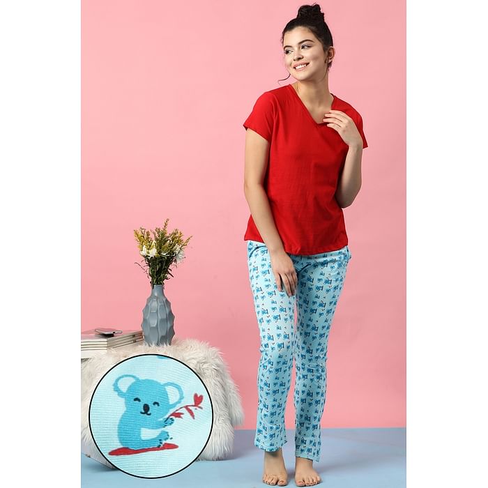 

Clovia Print Me Pretty Top & Pyjama in Red & Light Blue- Cotton Rich - LSC176A03