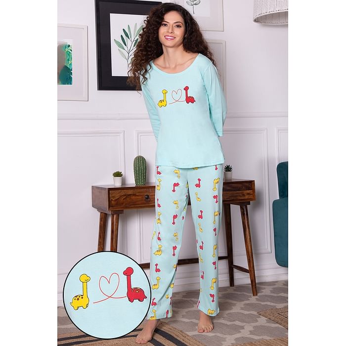 

Clovia Dinosaur Print Top & Pyjama Set in Baby Blue - 100% Cotton - LS0680D03, Light blue