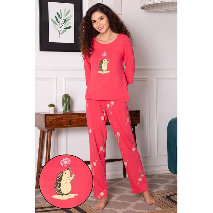 

Clovia Print Me Pretty Top & Pyjama Set in Peach Colour - 100% Cotton - LS0680A34