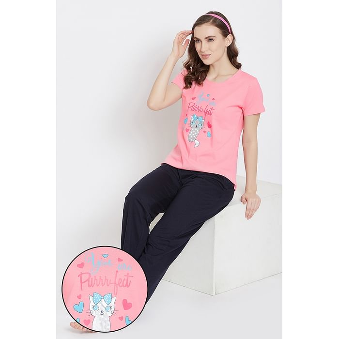 

Clovia Print Me Pretty Top & Pyjama Set in Pink & Blue - 100% Cotton - LSC124L22, Light pink