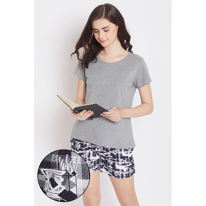 

Clovia Print Me Pretty Top & Shorts in Grey & Black- Cotton Rich - LSC174P01, Light grey
