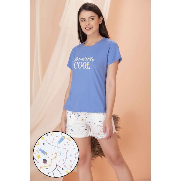 

Clovia Quirky Text Top & Shorts Set in Blue & White- Cotton Rich - LS0410A03